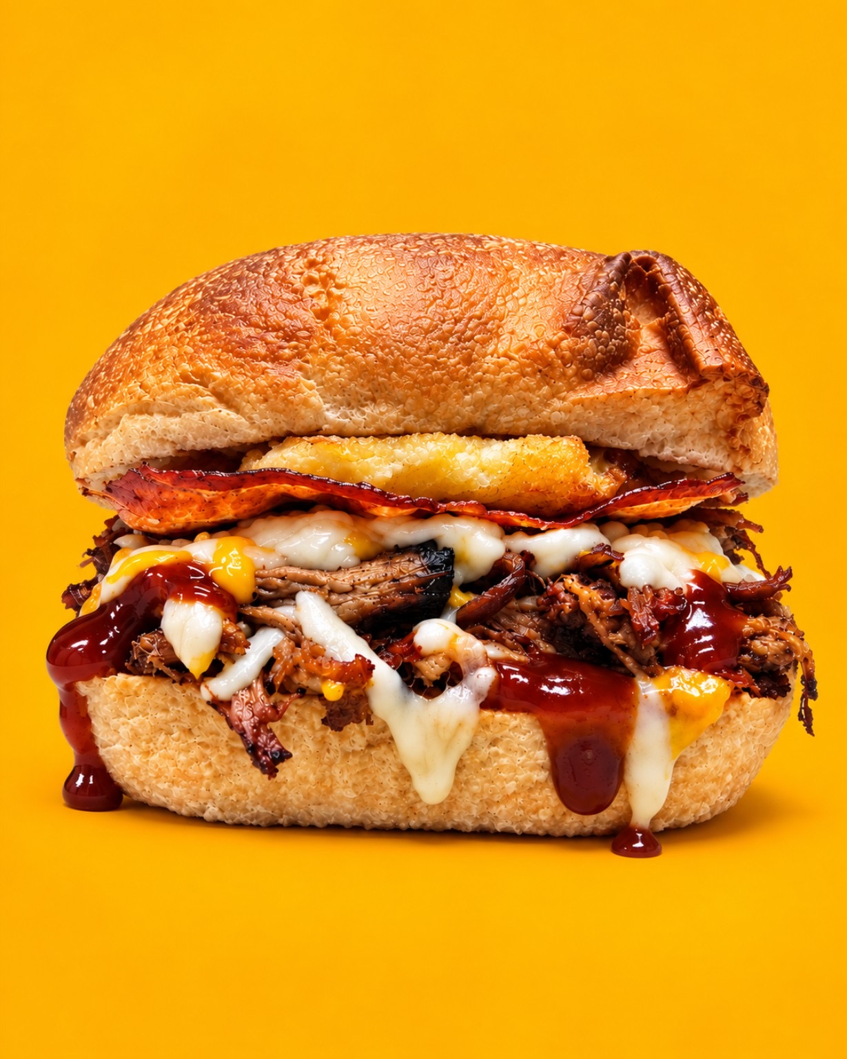 Focaccia CRUNCH — Pulled pork artigianale, cheese, crocchetta smashed, bacon croccante, salsa barbecue